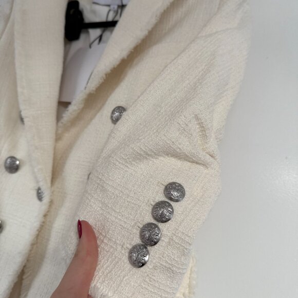 NWT Veronica Beard Tweed Blazer Jacket White Cinched Sleeves Fray Hem Sz 4 - Picture 3 of 7